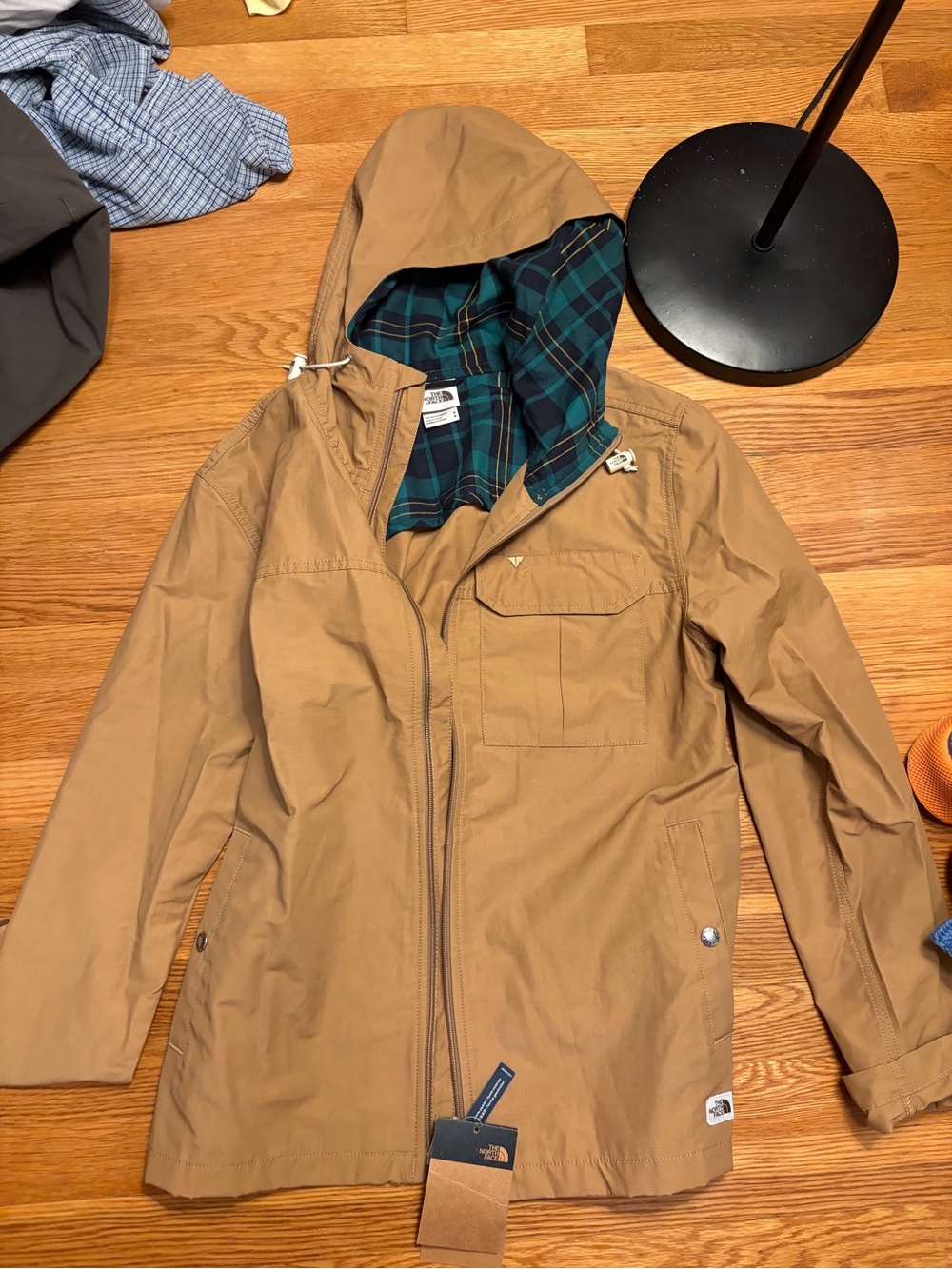 The North Face Men's Tan Hooded Shirt Jacket with Plaid Lining